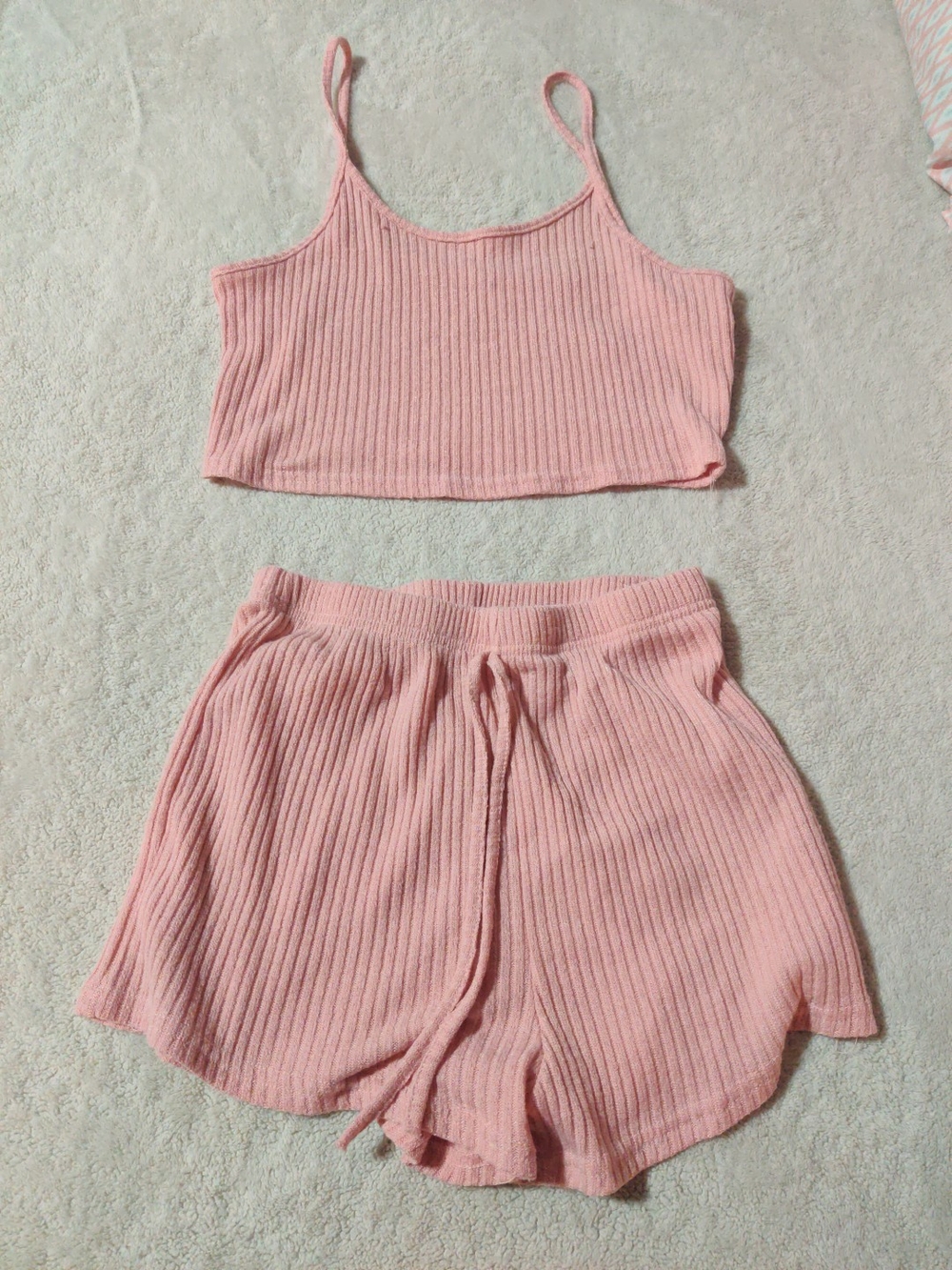 Ribbed Pink Lounge Crop Cami & Drawstring Shorts Set